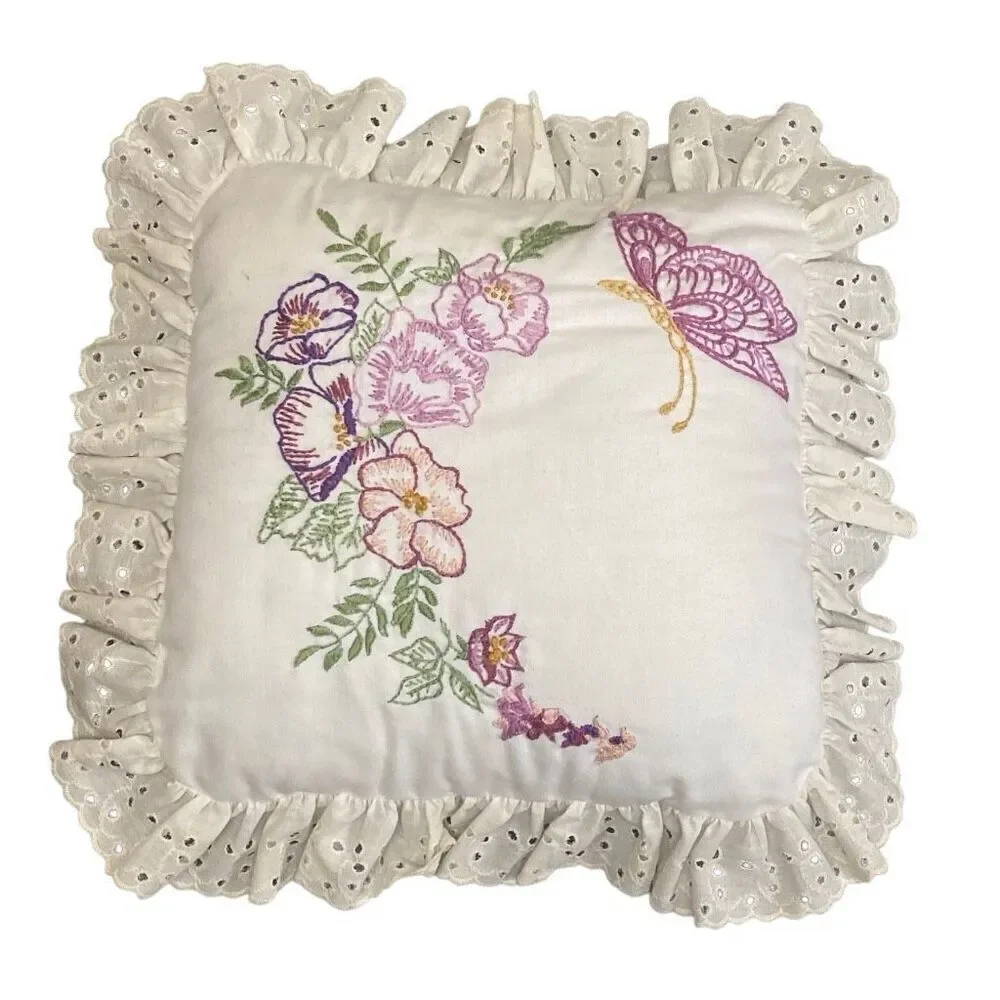 Vintage Embroidered Accent Pillow Floral Flowers Butterfly w Ruffle 17”x17”